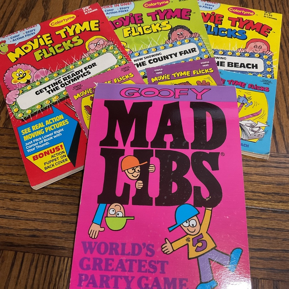 3 Movie Tyme Flicks books: Olympics, County Fair & Beach + 1 Mad Libs party game